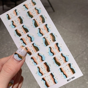 Abstract self-adhesive nail stickers with gold foil waves and blue peach patterns