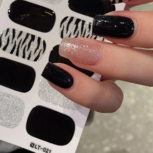 Full wrap nail stickers with black gloss, silver glitter, and zebra patterns LT-021