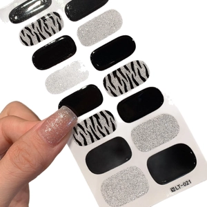 Zebra print and silver glitter full wrap nail polish stickers for DIY manicures