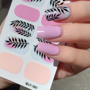 Pink leaf nail stickers LT-061 with tropical black patterns and high gloss finish