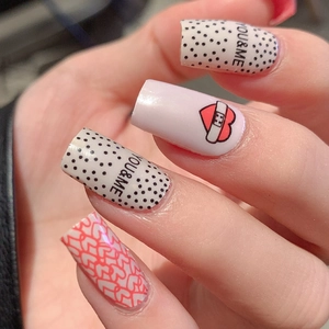 Valentine heart and polka dot nail stickers with You & Me text design for nail art