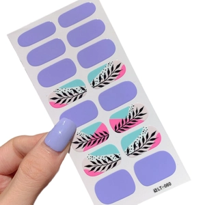 Self-adhesive lilac nail art stickers with geometric patterns and floral designs