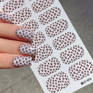Pink self-adhesive nail wraps with black hollow heart patterns on sheets, model LT-073