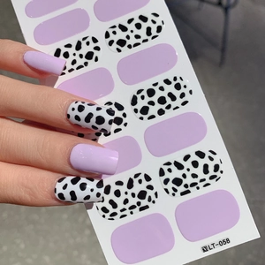 Self-adhesive lavender and cow print nail stickers with a square-round finish effect