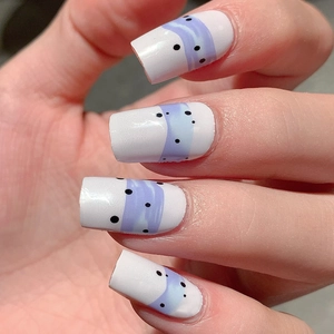 Minimalist nail stickers with lavender watercolor band and black dots on white base