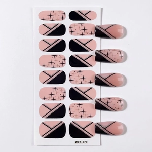 Minimalist Nordic nail wraps LT-079 with nude pink, black geometry and silver stars