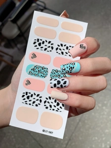 Detail view of LT-067 nail polish wraps featuring blue leopard print and heart patterns