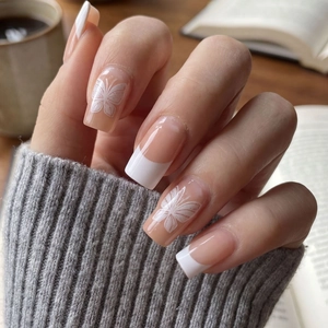Minimalist geometric floral nail stickers with white french tip and butterfly design
