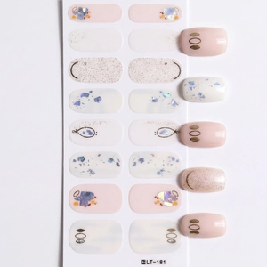 Pink and white nail stickers with gold foil and glitter, style LT-181 nail art set