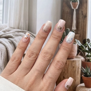 Glossy floral and gold glitter press-on nail set in bohemian indoor setting