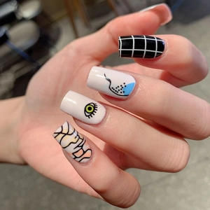 European style square-oval full cover press-on nails with artistic geometric patterns