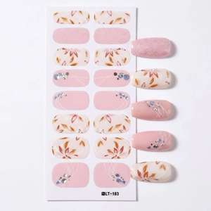 Waterproof nail art stickers LT-183 with pink leaf patterns and glitter accents
