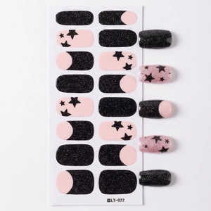 Pink and black star pattern nail stickers with glitter finish, 14 pieces pack LT-077