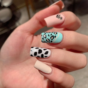Fashionable long square fake nails with pink stripes, leopard print and cow patterns