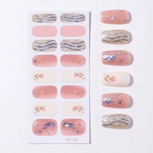 Floral nail wraps in nude pink and gold glitter with hand-painted rose patterns