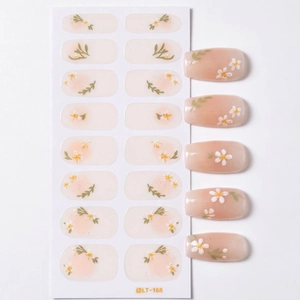 Floral nail stickers set LT-168 with daisy patterns and nude pink press-on nail samples