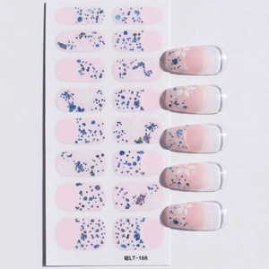 Sparkly floral nail stickers LT-166 with blue glitter and white flowers for women