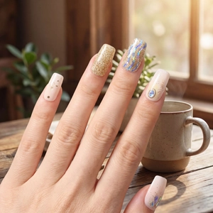 Faux ongles léopard de luxe avec paillettes dorées et motifs holographiques ondulés