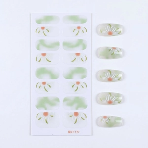 Frühlingshafte Fingernagelaufkleber mit Gänseblümchen und grünem Aquarell LT-177
