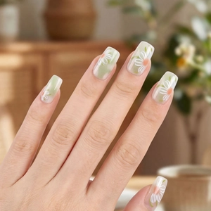 Frühlingsgrüne Blumen-Nagelaufkleber mit Gänseblümchen-Muster und Farbverlauf