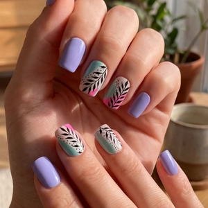 Artistic pastel floral nail stickers with modern leaf patterns and matte color blocks