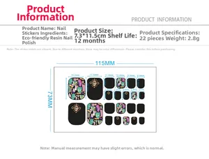 Detail of 22-piece iridescent shell pattern black toe nail stickers with gold dots