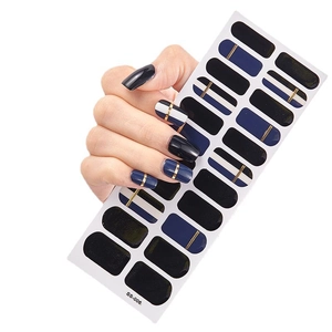 Full cover navy blue and gold nail stickers with stripe patterns for manicure