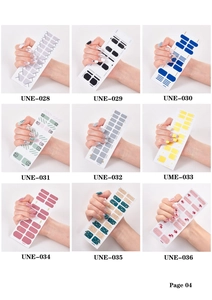 Nine diverse self-adhesive nail sticker designs including glitter, cat patterns and solid colors