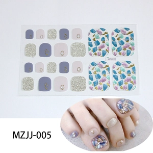 Detailed views of light purple 5D nail stickers with gold lines and glitter for toes