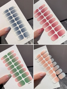 Macro detail of four gradient nail wrap sets including blue, pink, and green color schemes