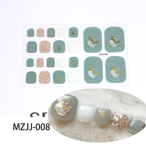 Close-up of 5D toe nail stickers MZJJ-008 with grey-green, pink glitter, and gold foil