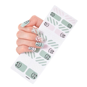 Eco-friendly self-adhesive nail stickers with cartoon eye patterns and mint green stripes