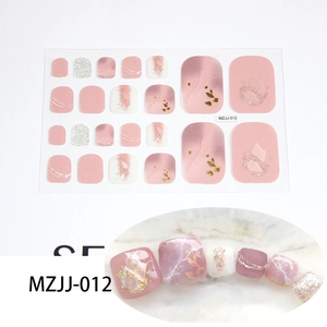 Detail of 5D pink glitter toe nail wraps with gold foil texture, model MZJJ-012