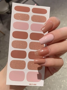 Detail showing LT-005 soft nude pink and glitter self-adhesive nail wrap application