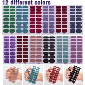 Set of 12 glitter solid color waterproof nail polish wraps in various vibrant shades