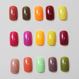 Set of 15 multi-color glossy short square false nails in trendy solid fashion shades