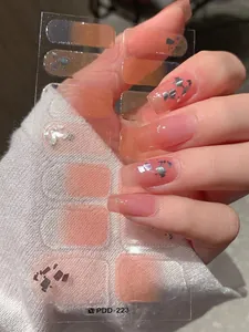 Detail of pink gradient jelly nail stickers with silver laser glitters for a sleek look