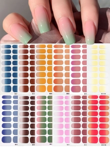 Detailed palette of gradient nail stickers featuring multiple colors and application result