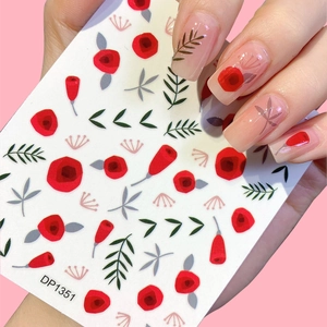 Floral nail art stickers with red flowers and green leaves on pink background DP1351