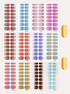 Flat lay of 12 gradient nail polish sticker sheets with double-sided nail files