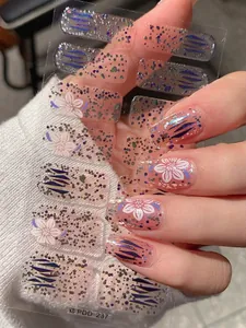 Autocollants ongles fleurs françaises avec rayures bleues et motifs à paillettes