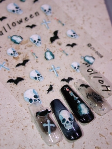 Detail of Halloween nail stickers JY-0008 featuring skull and bat patterns on dark nails