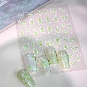 Stereo embossed butterfly nail stickers with green gradient and pearl decorations