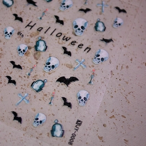 3D matte Halloween nail stickers with skulls, bats and gravestones design JY-0008