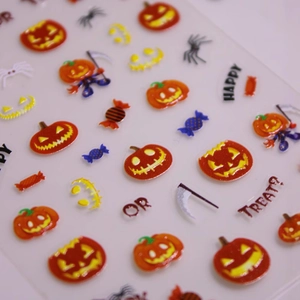Autocollants ongles 3D Halloween avec motifs de citrouilles et de fantômes