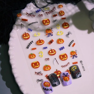 Stickers ongles 3D Halloween avec citrouilles mates et motifs de dessins animés effrayants