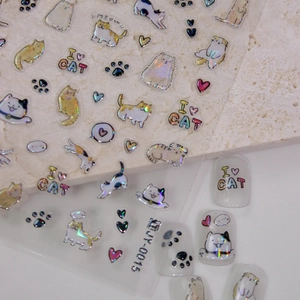 Autocollants d'Ongles Chat en Gelée Laser 3D Mignons Chatton Patte Coeur Décoration de Manucure DIY Pour Femmes Filles