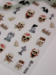 3D embossed Halloween nail stickers with skulls, crosses and bat patterns