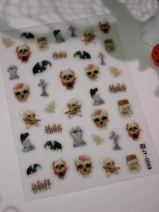 Detail view of 3D Halloween nail stickers with skulls and tombstones pattern JY-0009