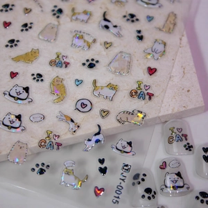 Stickers à ongles 5D laser motif chat avec chatons mignons et cœurs pour nail art DIY